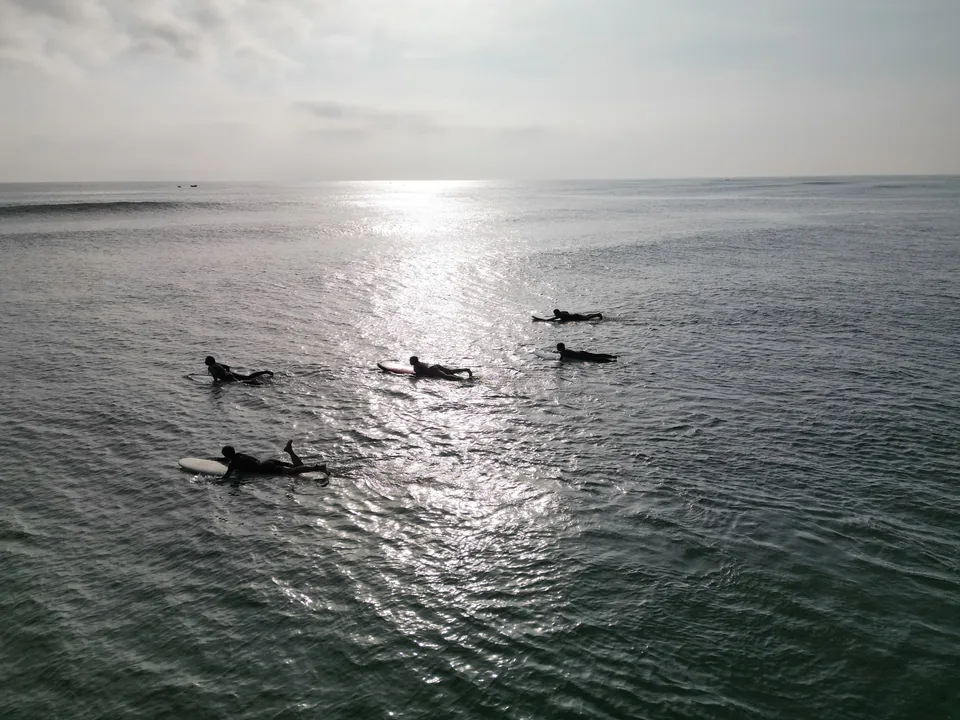 Aerial view of surfers in sunlit water